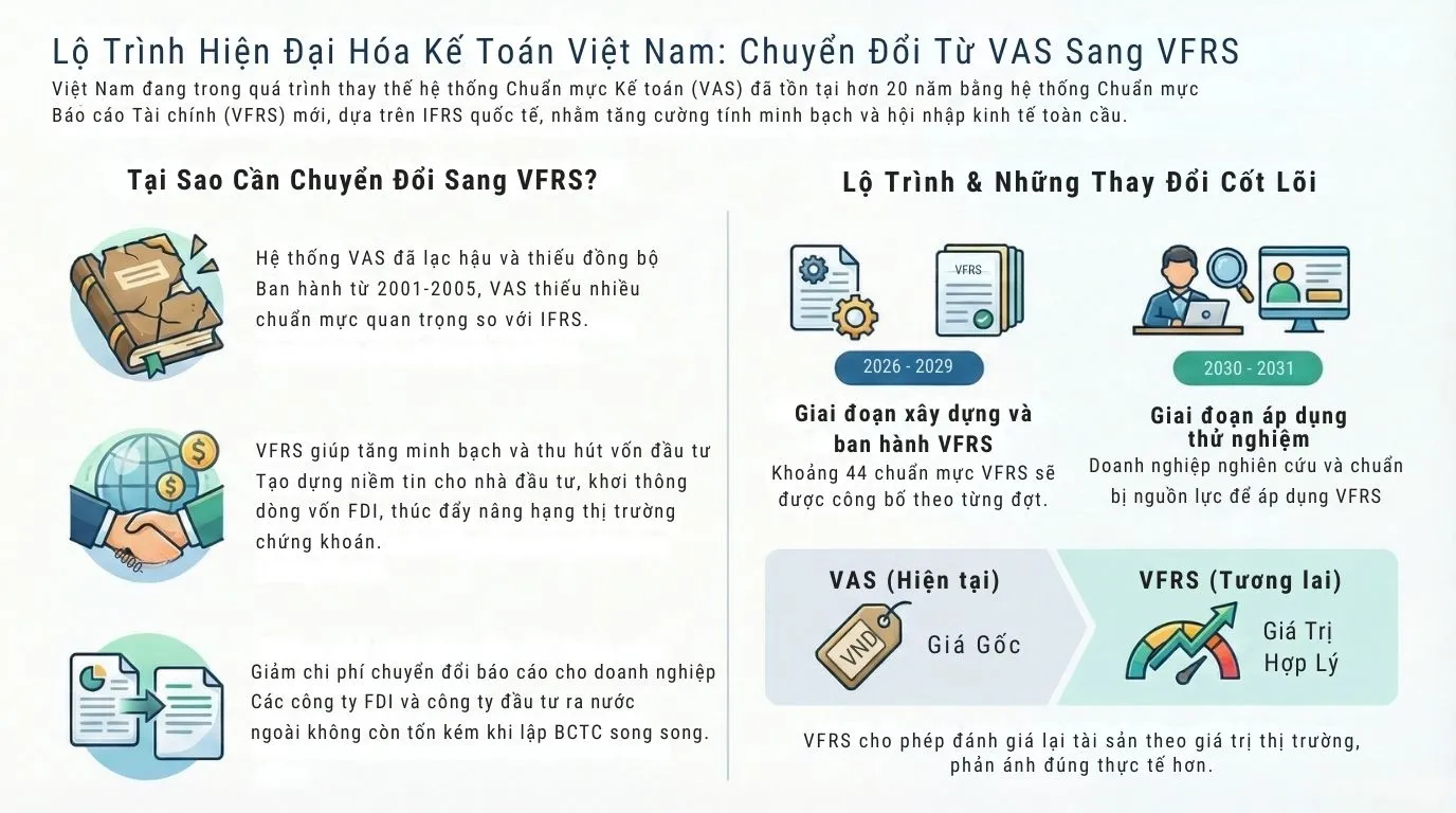 Sơ đồ lộ trình chuyển đổi từ VAS sang VFRS tại Việt Nam theo từng giai đoạn